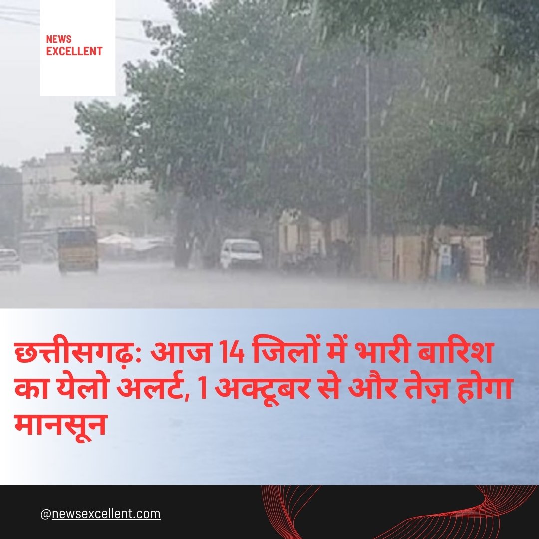 छत्तीसगढ़ में आज फिर मानसून मेहरबान, रायपुर समेत 14 जिलों में भारी बारिश का येलो अलर्ट